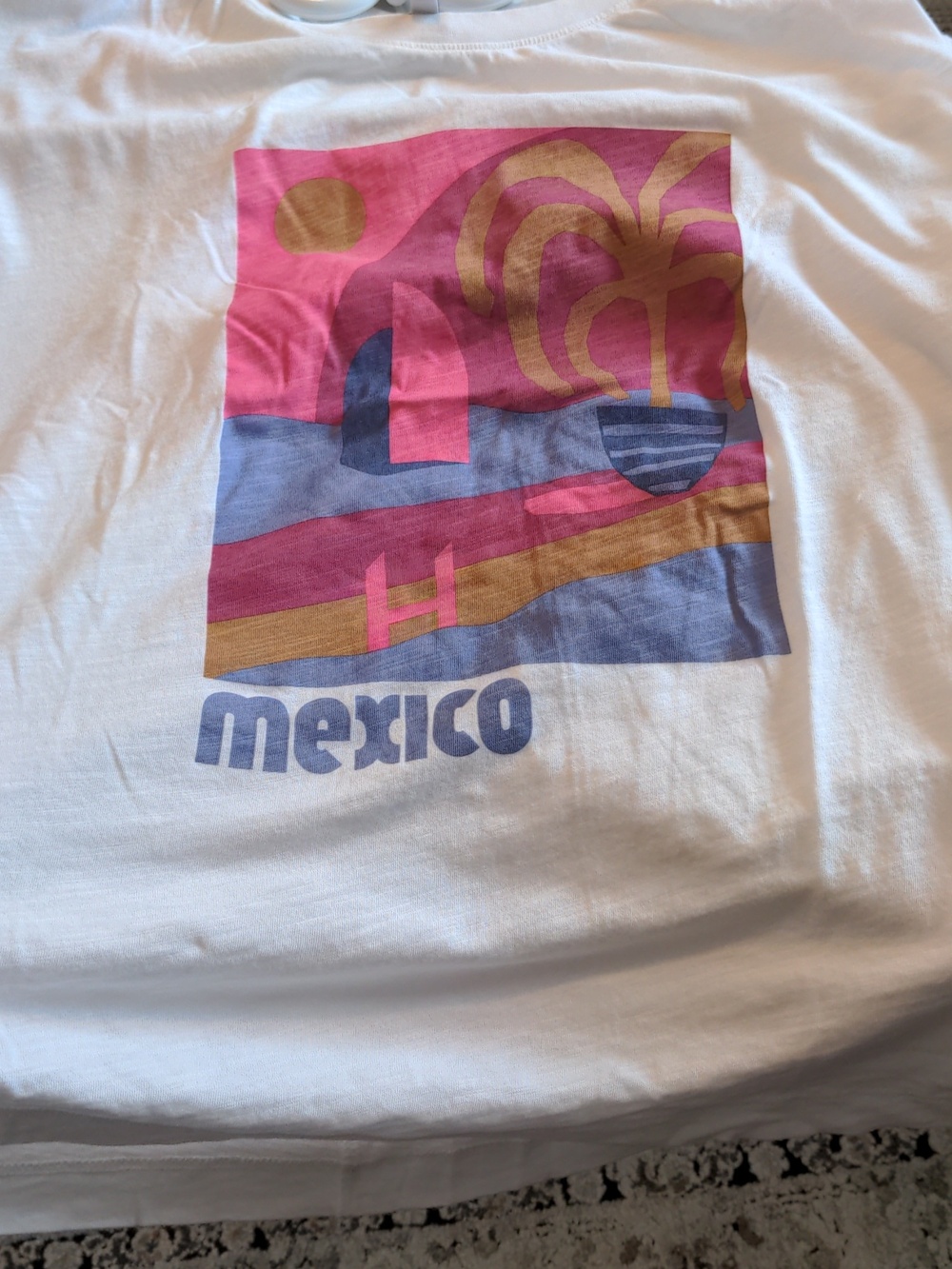 White Graphic Tee with Pink, Gold & Lavender Mexico Print